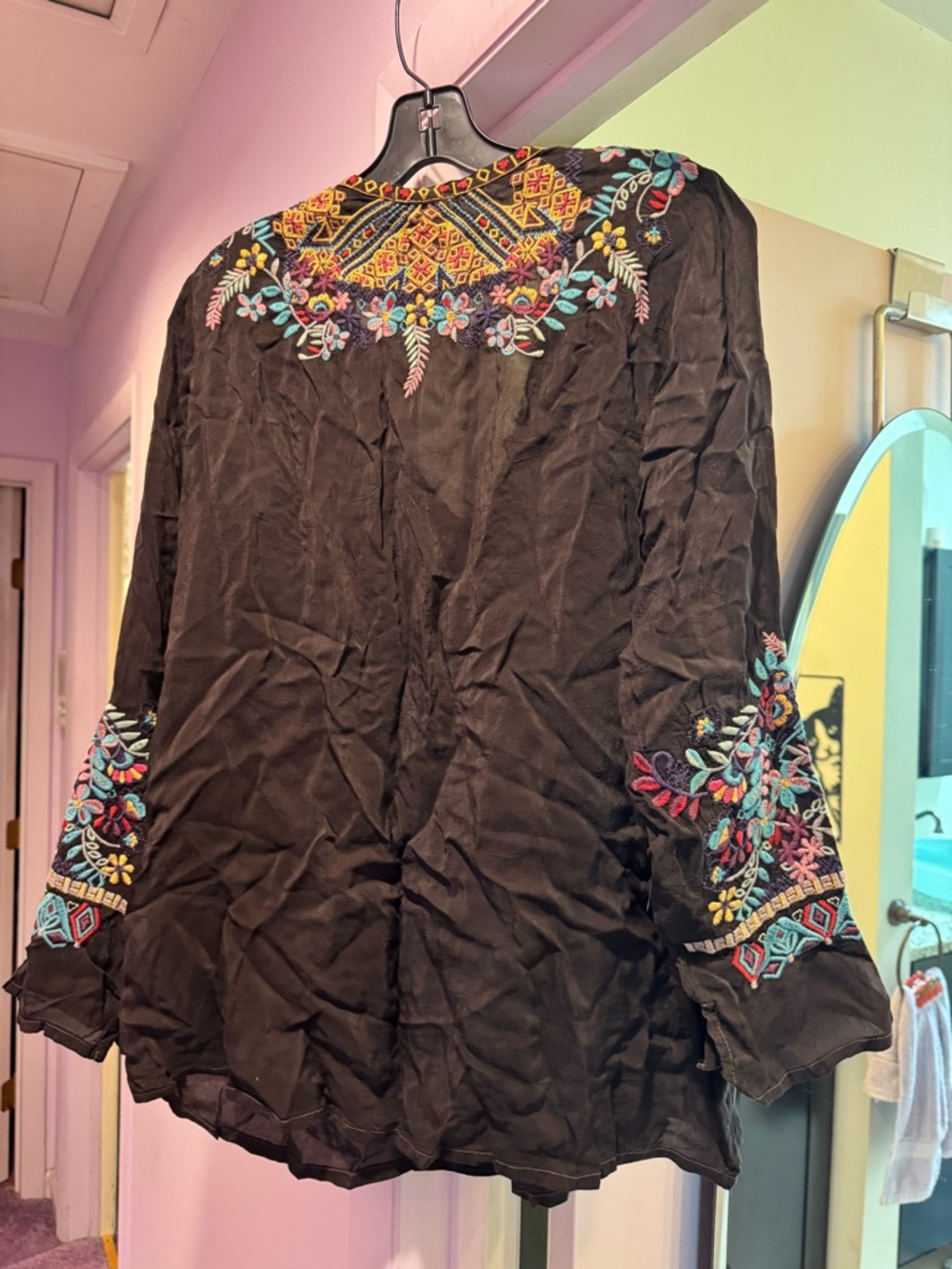 Johnny Was Size L Black Embroidered V-Neck Tunic with Multi-Color Floral Detail - Picture 8 of 9